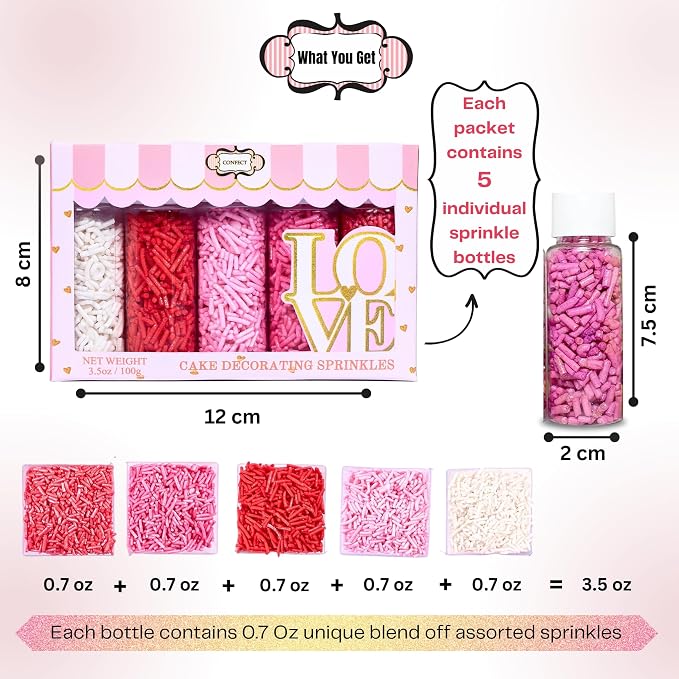 Confect Pink, Red, Blush Pink & White Jimmies Sprinkles Mix – Edible Baking Decorations for Cakes, Cupcakes, Cookies – Celebration & Birthday Sprinkles Set – Pack of 5 | Vegan, Gluten-Free, Nut-Free, Soy-Free, Dairy-Free , Handcrafted Sprinkle- 5 Oz