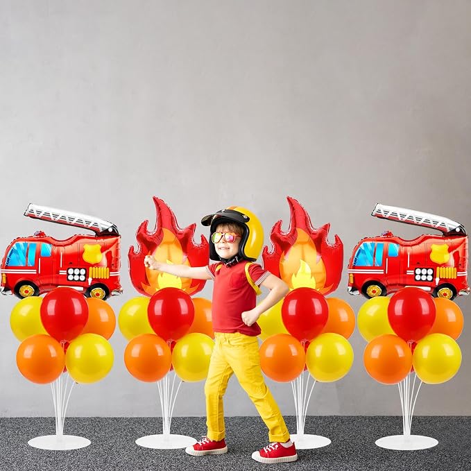 4 Sets Fire Party Balloons Stand Kit with Flame Fire Truck Foil Balloons Orange Yellow Red Party Balloon Centerpiece for Tables for Fireman Firefighter Rescue Themed Birthday Decorations