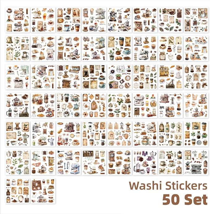 Coffee Themes Sticker Scrapbooking Supplies for Junk Journal, 50 Sheets Washi Stickers - Vintage Journaling Stickers, Ephemera Sticker Book Pre Cut(TZ-005-008)