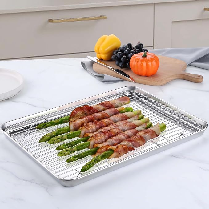 Homikit Baking Half Sheet with Rack (1 Pan + 1 Rack), 18" x 13" Stainless Steel Cookie Sheets for Baking, Metal Bacon Tray with Wire Cooling Rack for Oven Cooking Roasting, Nonstick& Dishwasher Safe