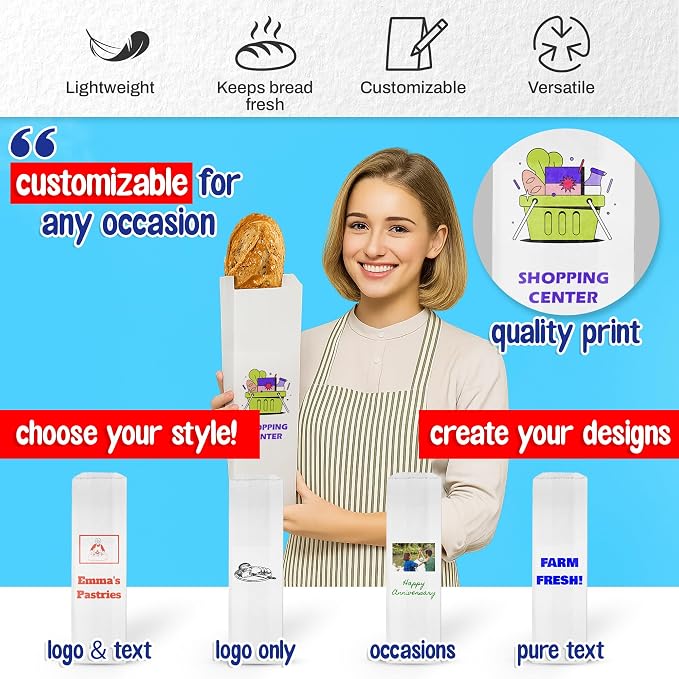 MT Products White Custom Printed Bread Bags 5.25" x 3.25" x 18" - Personalized White Paper Bags for Gift Giving