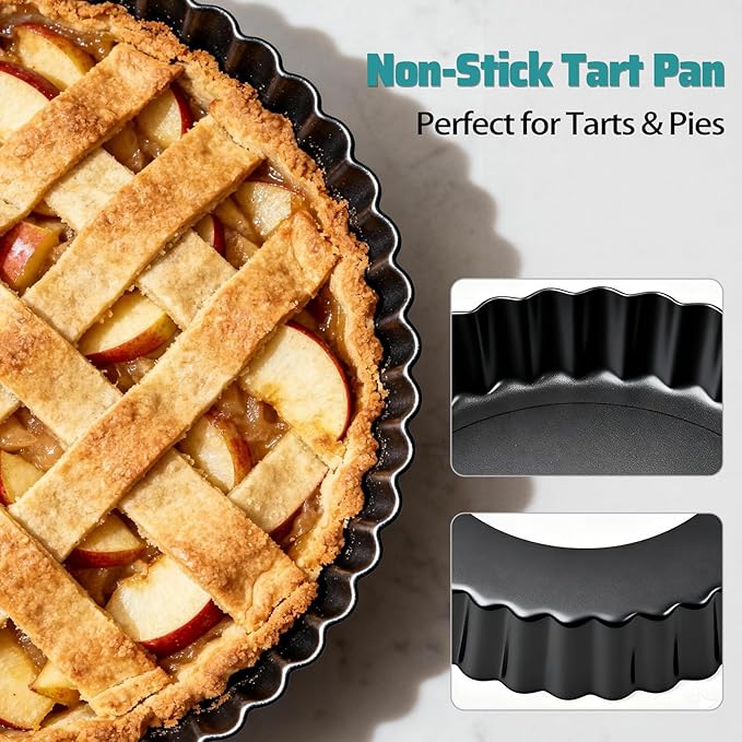 Tart Pan 2 Pack,10 Inch Non-Stick Carbon Steel Quiche Pan with Removable Loose Bottom, Deep 1.2 Inch Tart Pie Pan for Mousse Cake, Apple Pie, Cheesecake