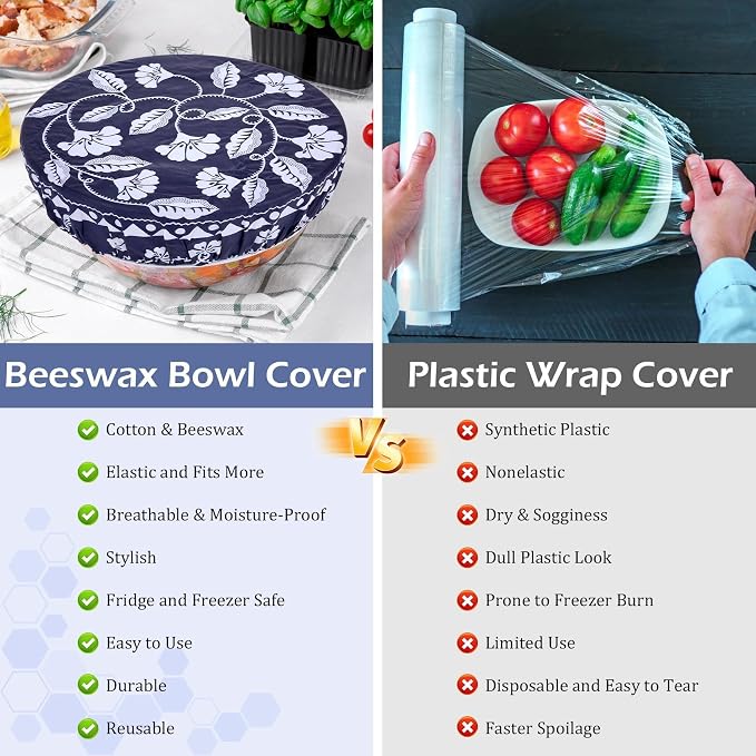 2 Large Reusable Beeswax Bowl Covers for Bread Proofing, 10/12 Inch Elastic Beeswax Wraps Cotton Cloth Sourdough Bowl Covers for Proofing Baskets, Mixer Bowls, Food Storage Containers