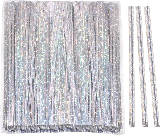 Mini Skater 4" Metallic Twist Ties Foil Bread Ties for Packaging Bakery Candy Goodies Cookies Gift Cellophane Treat Bags Christmas Wedding Party Favor Supplies,500Pcs (Silver)