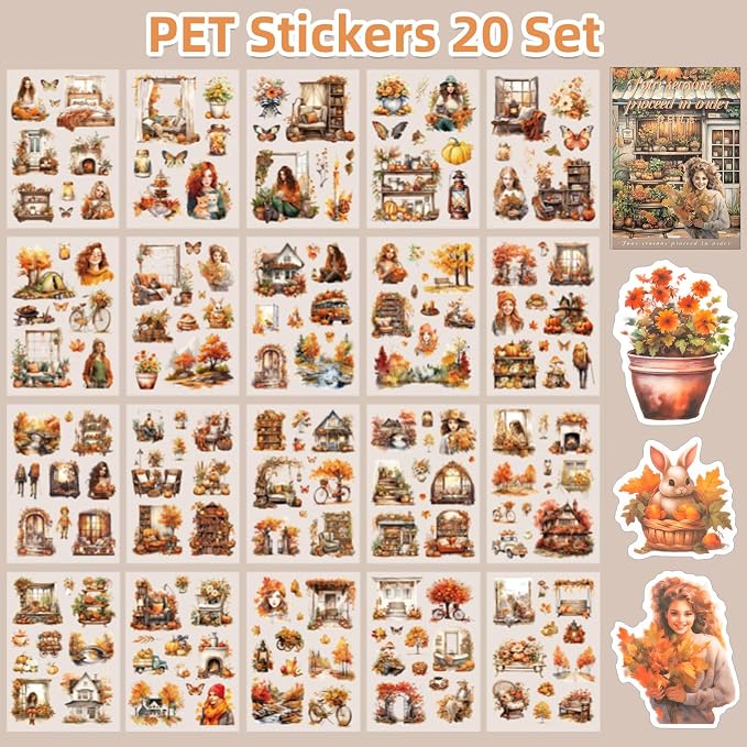 Autumn Theme Sticker Scrapbooking Supplies for Junk Journal, 20 Sheets PET Stickers - Vintage Journaling Stickers, Ephemera Sticker Book Pre Cut(TZ-006-003)