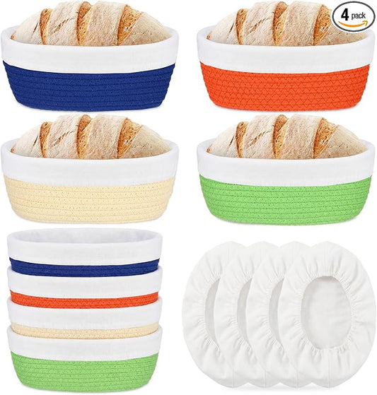 4 Pcs 10 Inch Bread Proofing Basket Set Cotton Rope Oval Banneton Basket Sourdough Bread with Liners Covers for Baking Supplies (Vibrant Color)