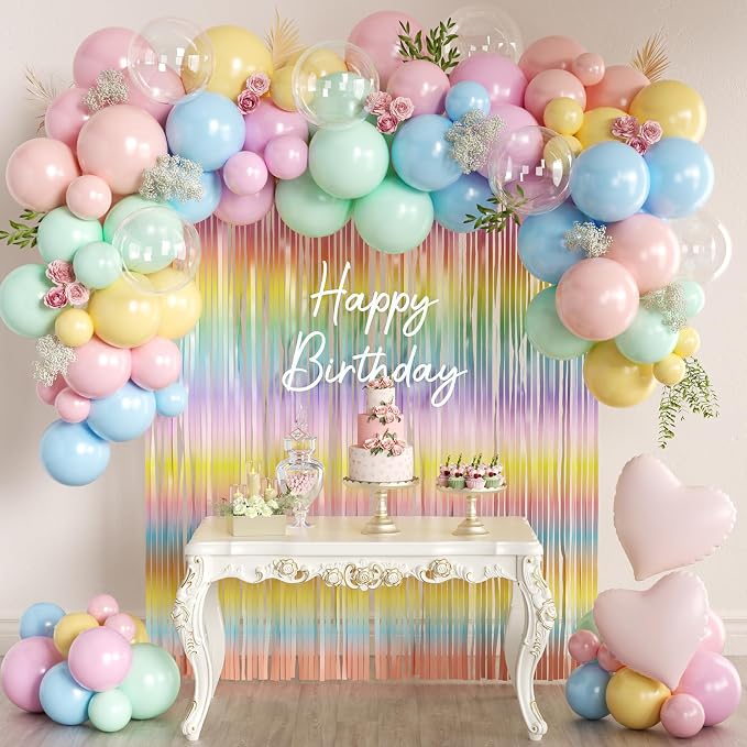 157PCS Pastel Balloons Arch Garland Kit with Macaron Rainbow Fringe Curtain for Birthday Bridal Baby Shower Wedding Valentine's Day Pride Month Block Party Decorations