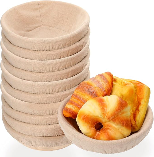 Patelai 10 Pieces Banneton Bread Proofing Basket Round Sourdough Proofing Basket Banneton Baskets Dough Bowl with Liners and Scrapers for Home Making Bread Bakers Baking (8 Inch)