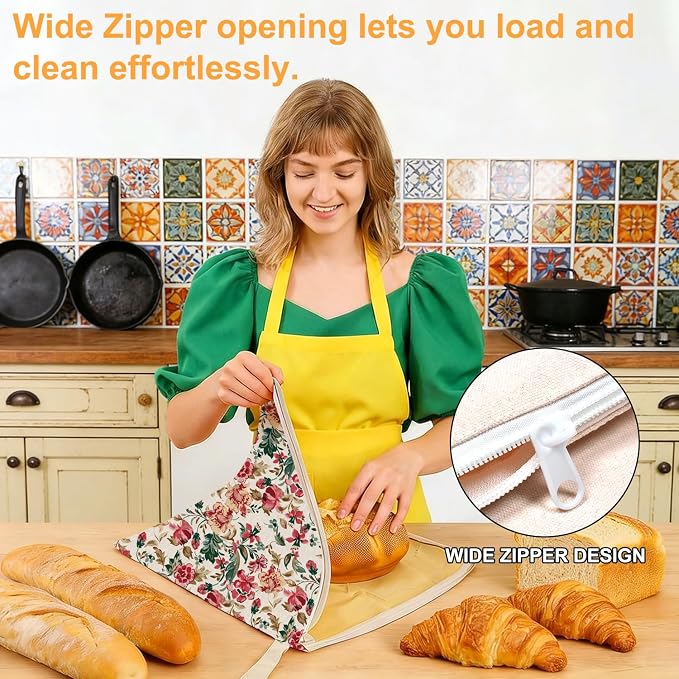 2-Pack Beeswax Lining Bread Bags for Bread Freshness 13"x17" | Reusable Beeswax Bread Bag for Sourdough, Floral Bees wax Bread Bags for Homemade Bread with Zipper
