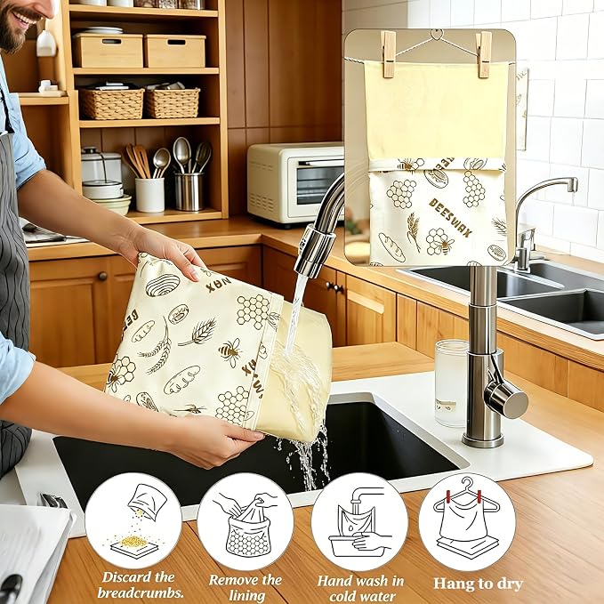 Reusable Lorine Beeswax Bread Bags For Homemade Bread & Sourdough Bread - 2 Packs 17x12 inch Organic Cotton Linen Bread Bag, Eco-Friendly Freshness Lock with Secure Buckle & Roll-Top Handle