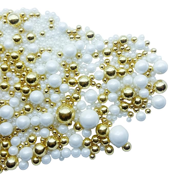 SE Si&Moos Gold and White Pearl Sprinkles for Cake Decorating White Edible Pearl Cake Decorations Gold Sprinkles for Cake, Baby Shower Party Holiday Halloween Christmas Supplies 3.5 OZ