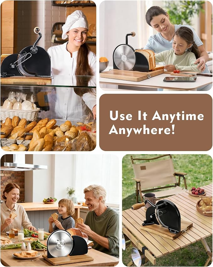 Foldable Manual Bread Slicer, Adjustable Slice, Hand-Cranked Bread Slicer with Ergonomic Handle, Hand Crank Cutter, Durable Aluminum Alloy Body And Sturdy Solid Wood Base-Black
