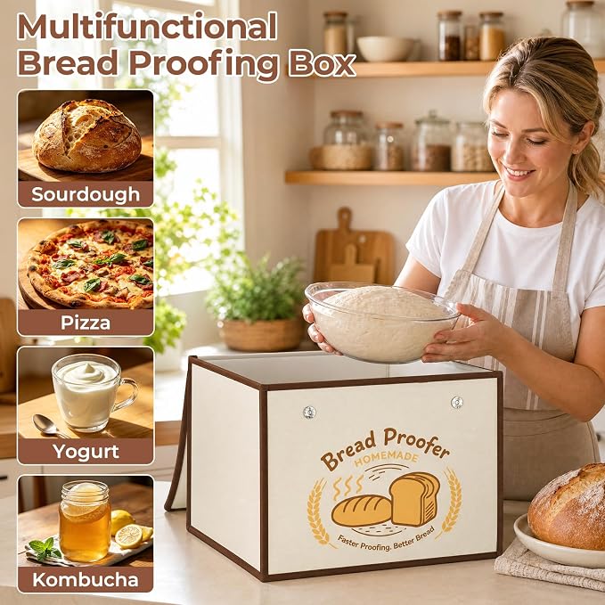 Folding Bread Proofing Box with 50-113℉ Temp Control & 48H Timer, Dough Proofer with Hygrometer, Metal Rack, Recipes, Sourdough Starter Warmer Sourdough Proofer Box for Making Bread, Pizza, Yogurt