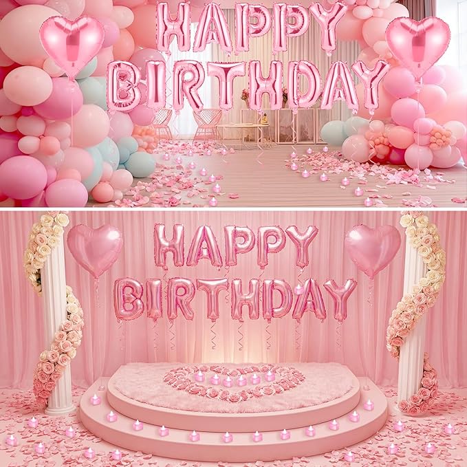 Pink Happy Birthday Balloons Decorations Happy Birthday Letter Balloons Banner Set with 24pcs Heart Flameless LED Candles and 2000pcs Artificial Rose Petals for Women Men Room Party Decor