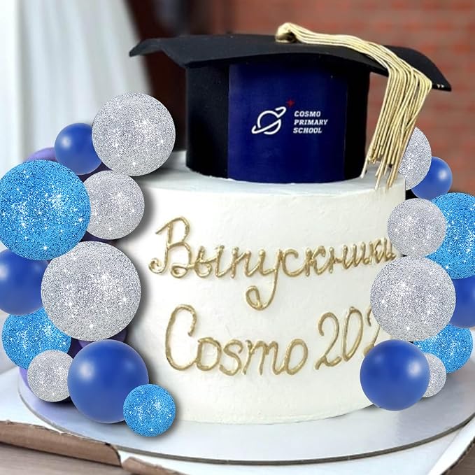BEISHIDA 40 Pcs Ball Cake Toppers Mini Balls Cake Decorations Blue Silver Foam Balls Sticks DIY Cake Topper for Baking Congrats Grade 2026 Graduation Birthday Winter Party Decorations (Blue Silver)