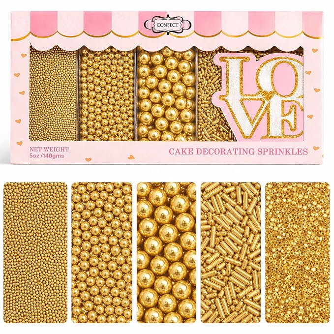 Confect Gold Sprinkles – Assorted 5-Pack for Cake & Cupcake Decoration, Golden Dragees, Jimmies & Sparkling Sugar for Christmas & Birthday Parties | Vegan, Gluten-Free, Nut-Free, Soy-Free, Dairy-Free, Palm Oil-Free -5 Oz