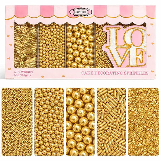Confect Gold Sprinkles – Assorted 5-Pack for Cake & Cupcake Decoration, Golden Dragees, Jimmies & Sparkling Sugar for Christmas & Birthday Parties | Vegan, Gluten-Free, Nut-Free, Soy-Free, Dairy-Free, Palm Oil-Free -5 Oz