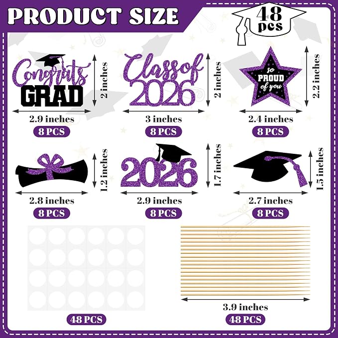 48 PCS Graduation Cupcake Toppers, 6 Styles Congrats Grad Cake Topper 2026, Graduation Decorations, Glittery Black and Purple Cap and Diploma Cake Picks for Grad Party Decor Supplies