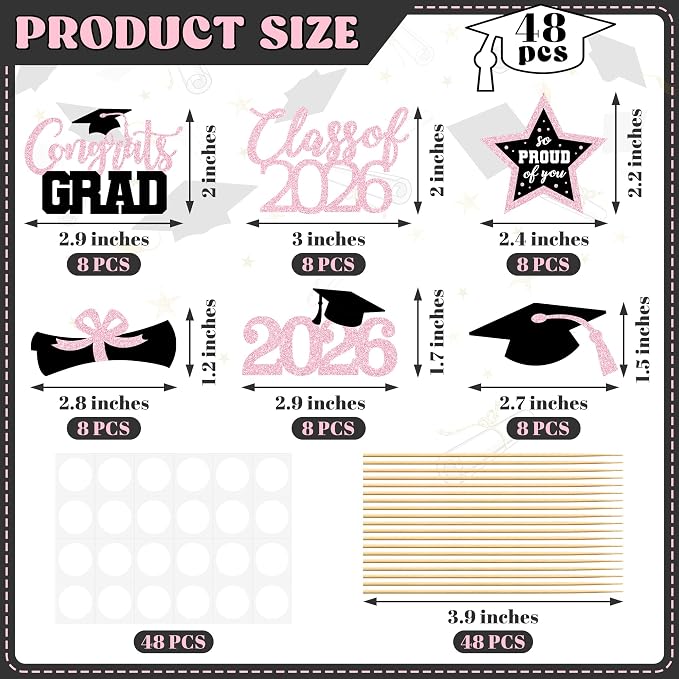 48 PCS Grad Cupcake Toppers, 6 Styles Graduation Cake Topper, Congrats Glittery Graduation Decorations 2026, Black and Pink Cap and Diploma Cake Picks for Grad Party Supplies