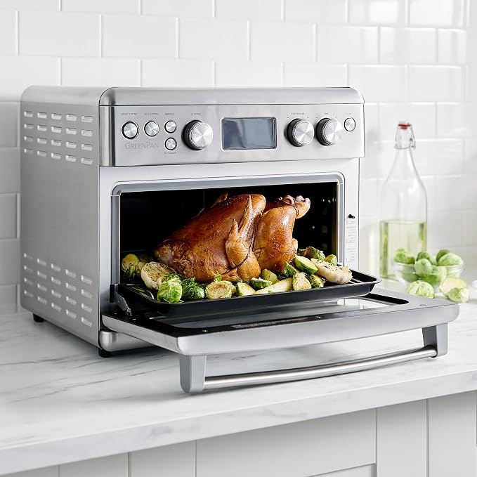 GreenPan 13-in-1 Elite Countertop Convection Oven and Air Fryer, PFOA and PFAS-Free Ceramic Tray and Pizza Pan, Adjustable Racks, Multifunction Presets, Toaster, Bake Broil Roast, Stainless Steel