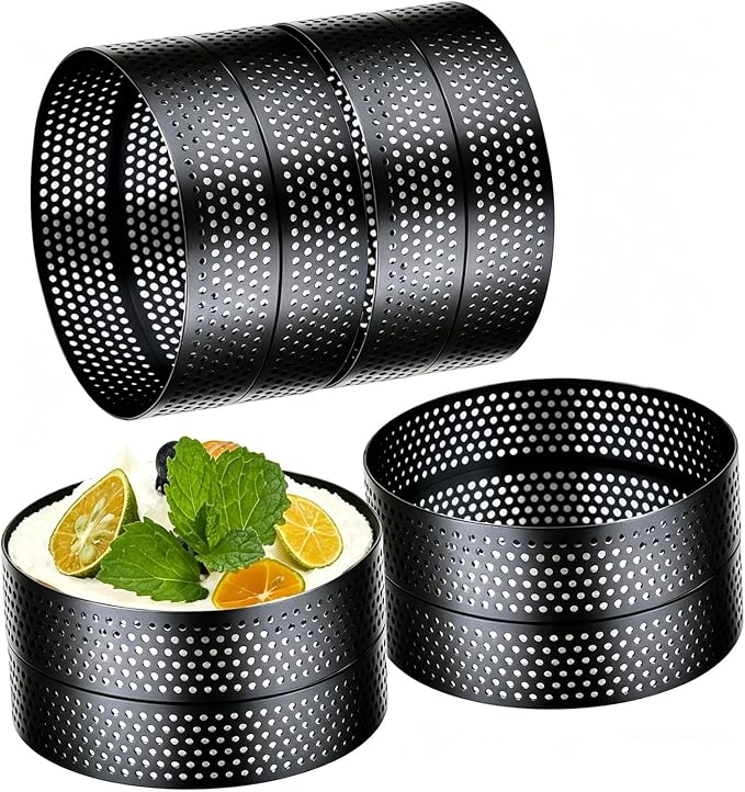 DATANYA 8Packs Perforated Tart Rings Stainless Steel Mousse Ring Molds 4 Inch Metal Pastry Cake Ring for Baking Cooking Cookies, small fruit tartet crust, muffins, crumpets