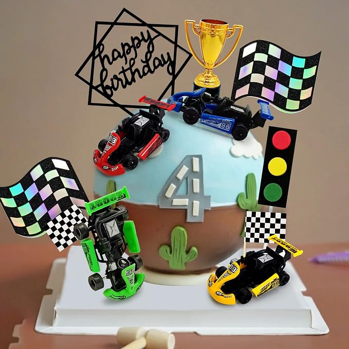 Racing Car Cake Decoration Car Cake Topper Happy birthday Card Inserted for Racing Theme Birthday Supplies Race Car Party Favors
