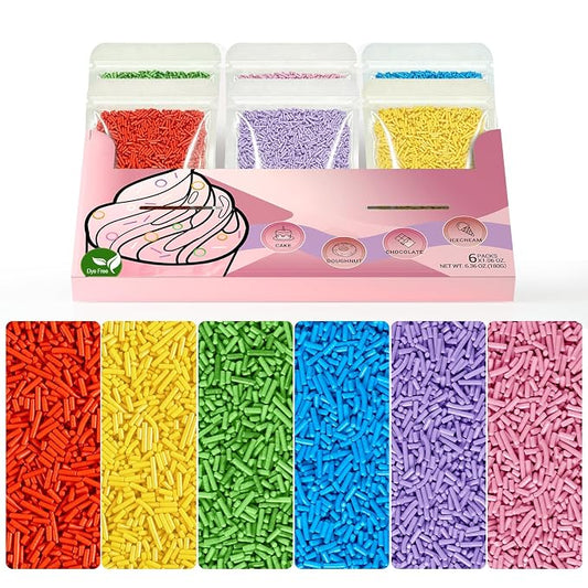 HUEBEATY Dye Free Rainbow Neon Colored Jimmies Sprinkles Variety Pack– 180g | Natural Primaty Color Sprinkles, Rainbow Color Jimmies Variety Pack for Cakes, Cupcakes, Cookies, Ice Cream and Kids Baking