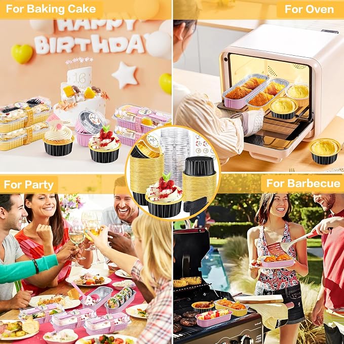 60Pcs Mini Cake Pans with Lids Aluminum Foil, ZOXILEN 5oz Disposable Mini Loaf pans with Lids Spoons, Round Small Baking Cups Pie Tins Cheesecake Containers for Party Black Gold