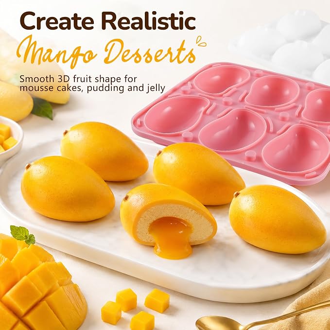 3D Mango Silicone Mold for Mousse, 6-Cavity Fruit Pudding Mango Mold for Baking Pastry, Non-Stick Mango Shape Cake Mold for Mousse Cake, Jelly, Chocolate, Ice Cream