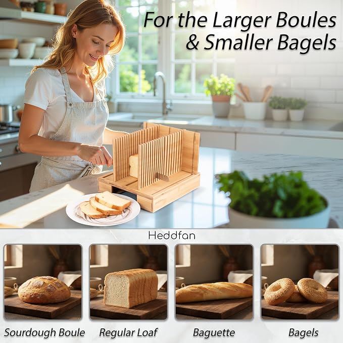Bamboo Bread Slicer For Homemade Bread - Built-In Knife Slot, Crumb Catcher & Storage Compartment - Adjustable Extra Wide & High For Sourdough, 12” Knife Blade Included *BREAKAGE ISSUE NOW FIXED*