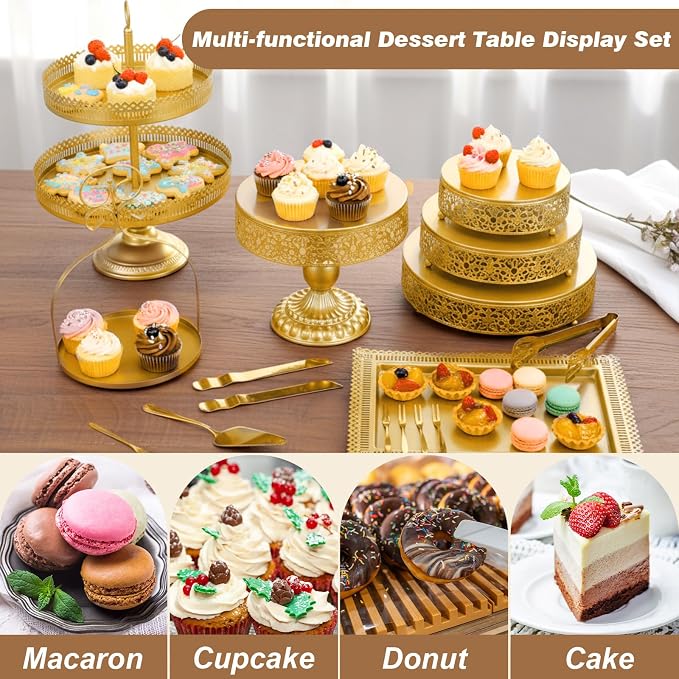 Wenqik 15 Pcs Gold Cake Stand Set Metal Dessert Display Set Tiered Cupcake Holder Square Serving Trays Round Tower Tray Platter for Wedding Birthday Party Celebration (Classic Style)