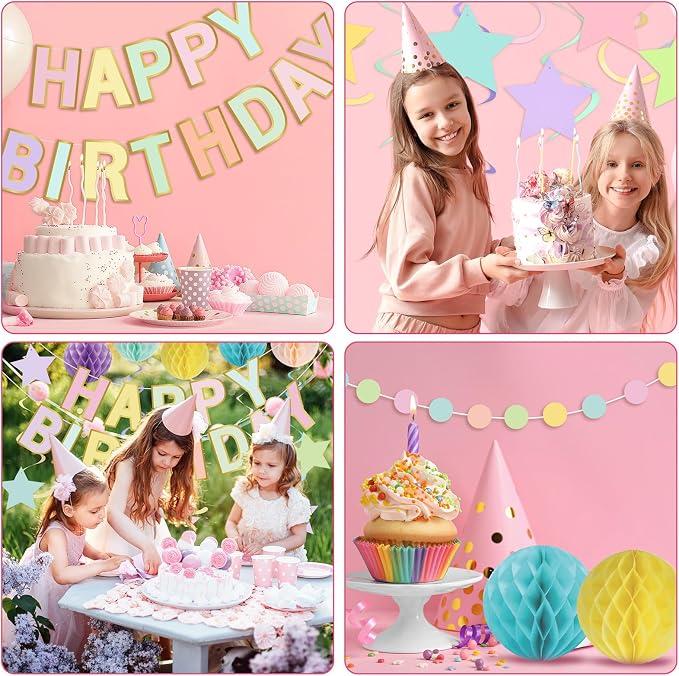 Pasimy Pastel Macaron Happy Birthday Decorations Kit Including Rainbow Happy Birthday Banner Rainbow Hanging Swirls Streamers Cutouts Colorful Honeycomb Balls Circle Dots Confetti Garland Supplies