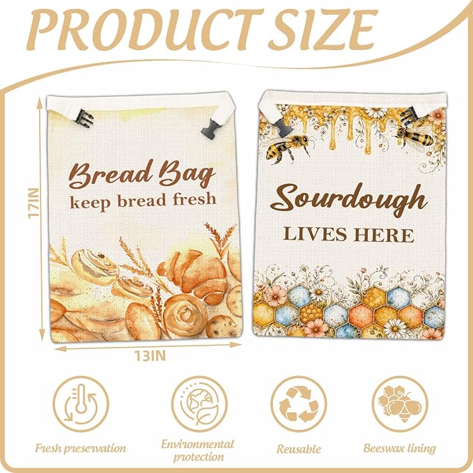 2 Pack Reusable Beeswax Bread Bags, Honey Theme Bread Bag for Sourdough, Natural Beeswax Storage Bag, Reusable Linen, Food Storage Cloth Bag with Buckle 13 * 17IN
