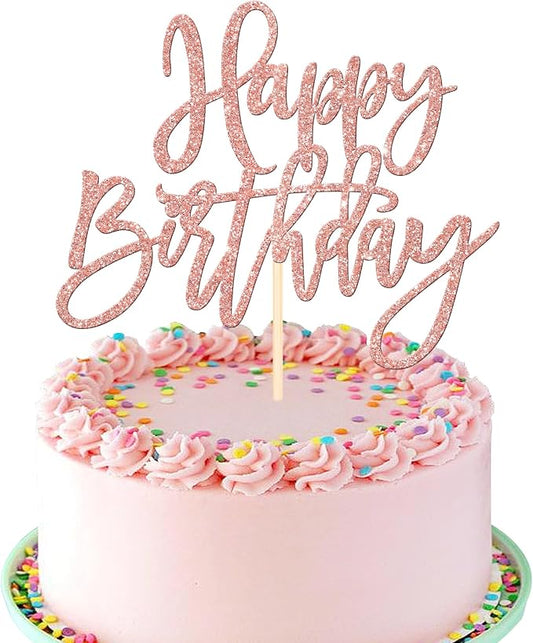 ZHUOWEISM 1 PCS Happy Birthday Cake Topper Glitter Happy Birthday Cake Pick for Celebrating Happy Birthday Anniversary Theme Party Cake Decorations Supplies Rose Gold