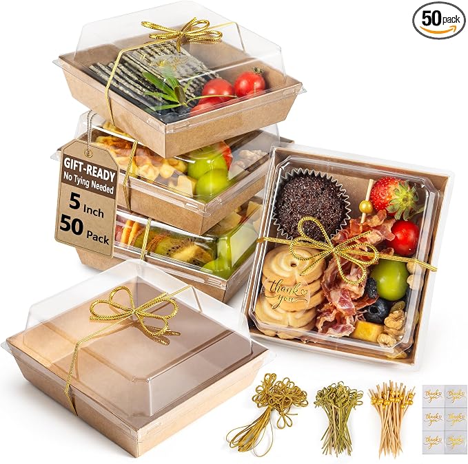 Gift-Ready Charcuterie Boxes with Clear Lids, Cake Slice Container, Bakery packaging, Food Gift Containers, Small Treat, 5"Dessert Boxes with Ready to use Ribbon and Bamboo Skewers-50 Count-BROWN