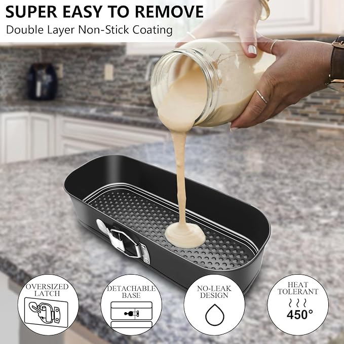 Square Springform Cake Baking Pans: Non-Stick Cheesecake/Tiramisu Pan with Removable Bottom, Quick Release Latch Bakeware Leakproof Bread Loaf Pan, 12.2" x 4.33" x 2.7"