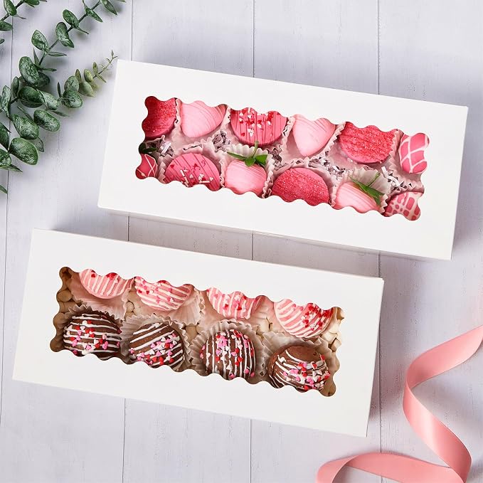 Ocmoiy 20 Pack Cookie Boxes, 12x5.5x2.5 Inch Bakery Boxes with Window, Auto-Popup Treat Box for Chocolate Covered Strawberries, Hot Cocoa Bombs, Pastries, Donuts, Muffins