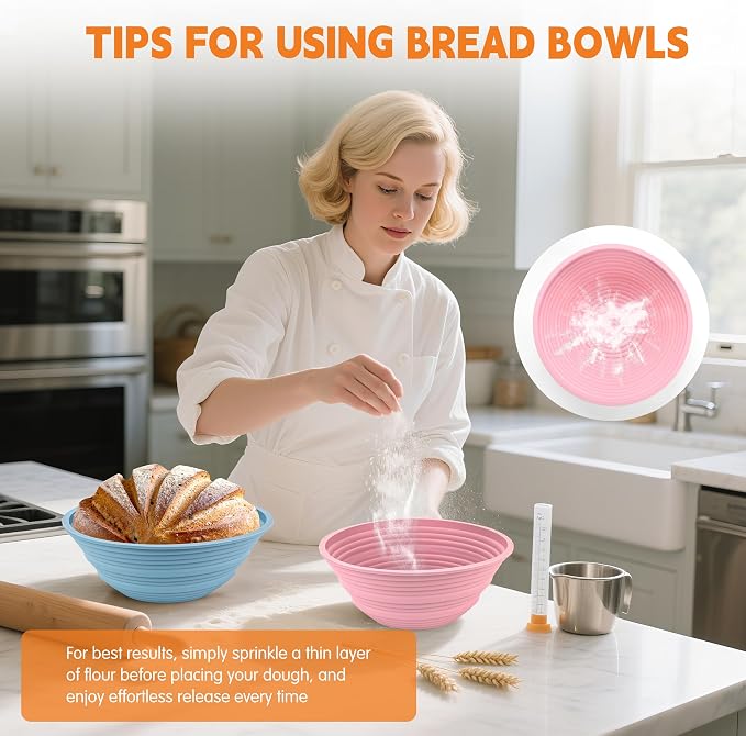 4Pcs Silicone Banneton Bread Proofing Baskets, 9" Round Foldable Non-Stick Dough Proofing Bowl Containers-BPA Free, Optimum Sourdough Bread Baking Supplies