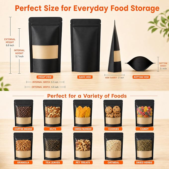 100 Pcs Black Kraft Paper Bags with Window, 5.9" x 8.6" Stand Up Pouches Bags, Food Storage Bags for Packaging Products, Reusable, Sealable