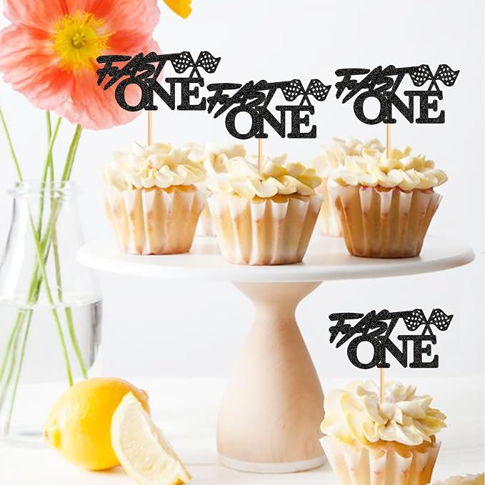 Ercadio 24 Pcs Fast One Cupcake Toppers Glitter Black Fast One Check Flag Cupcake Picks Race Car Party Birthday Cake Toppers Funny Racing Birthday Party Decoration Supplies