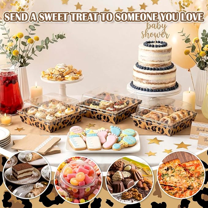 Potchen 50 Pack Bakery Boxes with Clear Lids, Disposable Charcuterie Treat Boxes for Cookies, Donuts, Cupcakes, Candy and Mini Cakes, Party Favor for Wedding and Gift Giving(Leopard Print)
