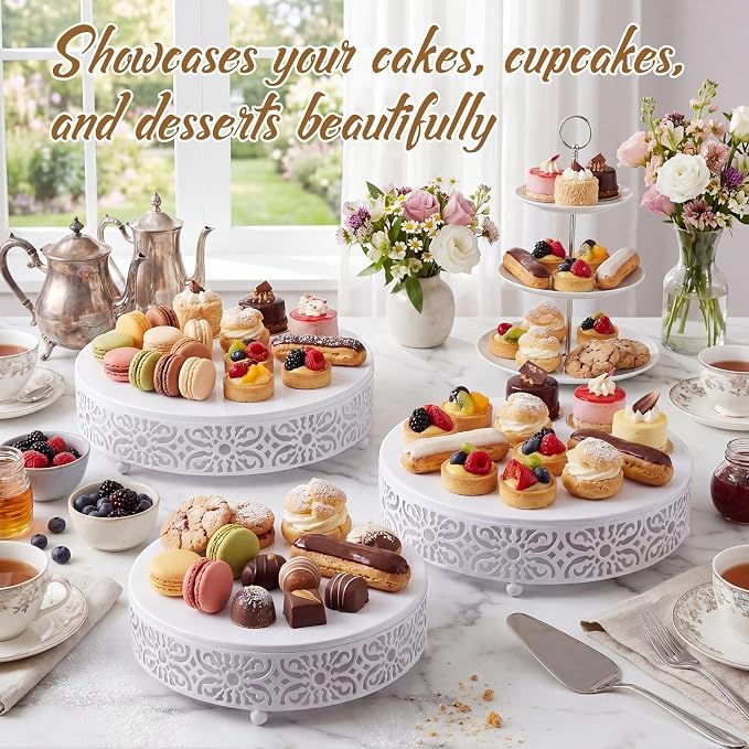 Wenqik 3 Pcs 16'' 14'' 12'' Metal White Cake Stand Round Cake Stands for Dessert Table Cookies Fruit Serving Tray Cupcake Dessert Pastry Riser for Wedding Birthday Party and Events