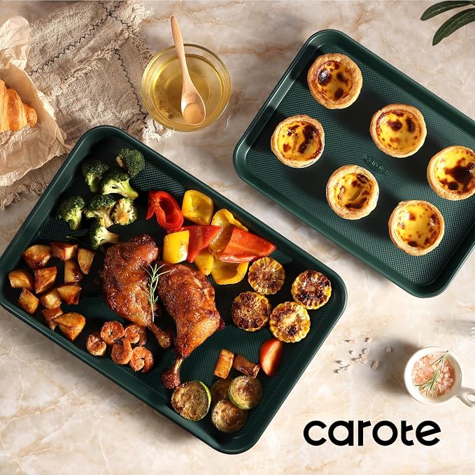 CAROTE 3-Piece Baking Pan Set - Bakeware Set, Baking Sheet Set Including 13 Inch 15 Inch 17 Inch Sheet Pan, Cookie Sheet for Baking, Deep Olive Green