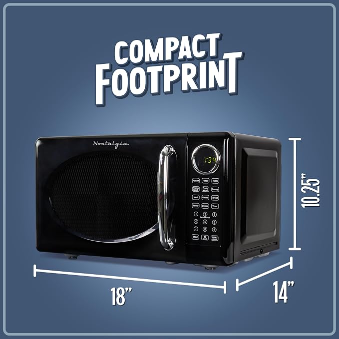 Nostalgia Retro Microwave Oven 0.7 Cu Ft, 700-Watt Countertop Size with Glass Turntable, Child Safety Lock, 8 Auto-Cook Programs, Digital Clock, Black