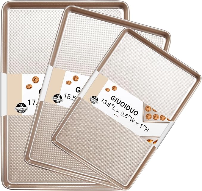 GIUOIDUO Baking Sheet Set of 3, Nonstick Heavy Duty Cookie Sheets for Oven - 13.6"×9.6"/15.5"×10.6"/17.5"×11.8" Warp-Resistant Carbon Steel Bakeware Trays, Champagne Gold, Dishwasher & Oven Safe