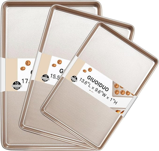 GIUOIDUO Baking Sheet Set of 3, Nonstick Heavy Duty Cookie Sheets for Oven - 13.6"×9.6"/15.5"×10.6"/17.5"×11.8" Warp-Resistant Carbon Steel Bakeware Trays, Champagne Gold, Dishwasher & Oven Safe
