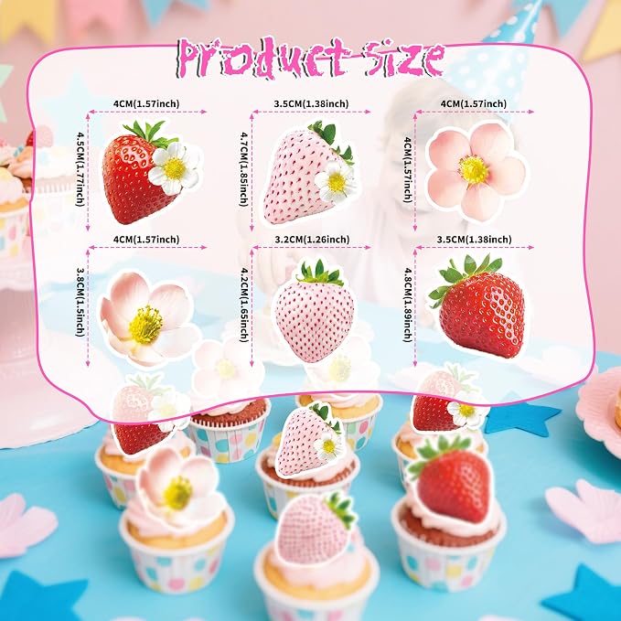 72Pcs Edible Strawberry Cupcake Toppers Wafer Paper Strawberry Flower Bridal Engagement Baby Shower Kids First Birthday Party Cake Decorations Supplies