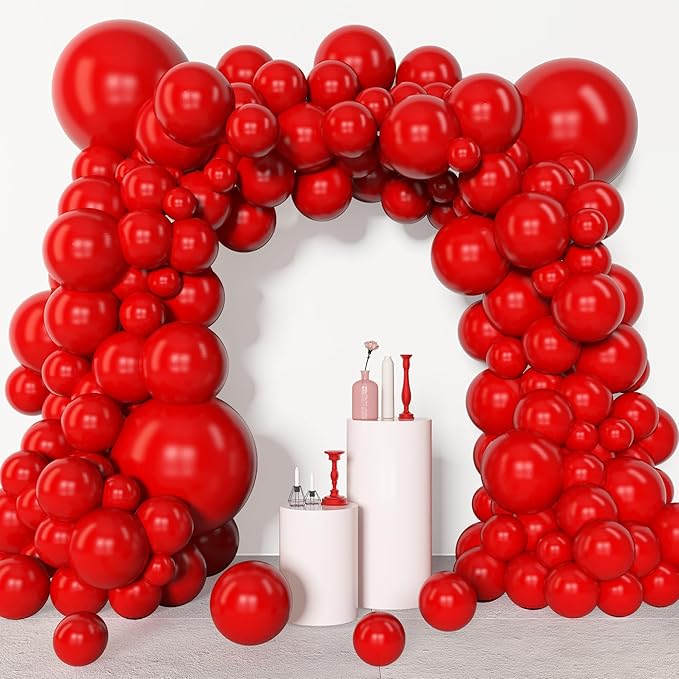 Amandir 153 Pcs Red Balloons Arch Garland Kit, Different Sizes 18 12 10 5 Inch Red Latex Valentines Balloons for Wedding Anniversary Casino Movie Cherry Birthday Party Decorations
