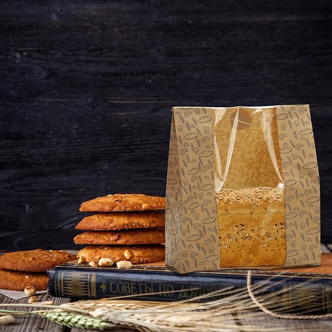Hacaroa 100 Pack Paper Bread Bags with Clear Window, 10.8"x10"x4" Kraft Bakery Bag with 100 Stickers, Brown Toast Packaging Bags for Sourdough Bread, Cookie