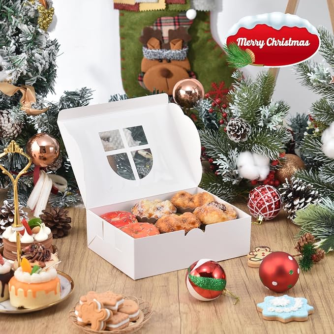 COTOPHER 18Pcs Christmas Cookie Boxes with Window, 8x6x2.5 inch White Bakery Boxes for Gift Giving, Kraft Treat Boxes Dessert Boxes for Cakes Donuts Chocolate Strawberries Pastries Muffins